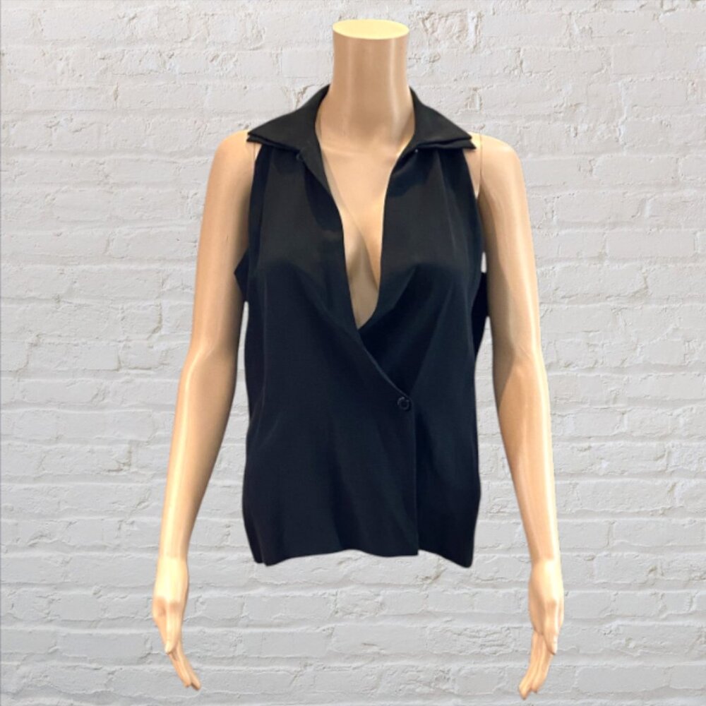 VINTAGE LEVANTE -- Pure Silk Blouse, Black, Sleeveless, Button Front